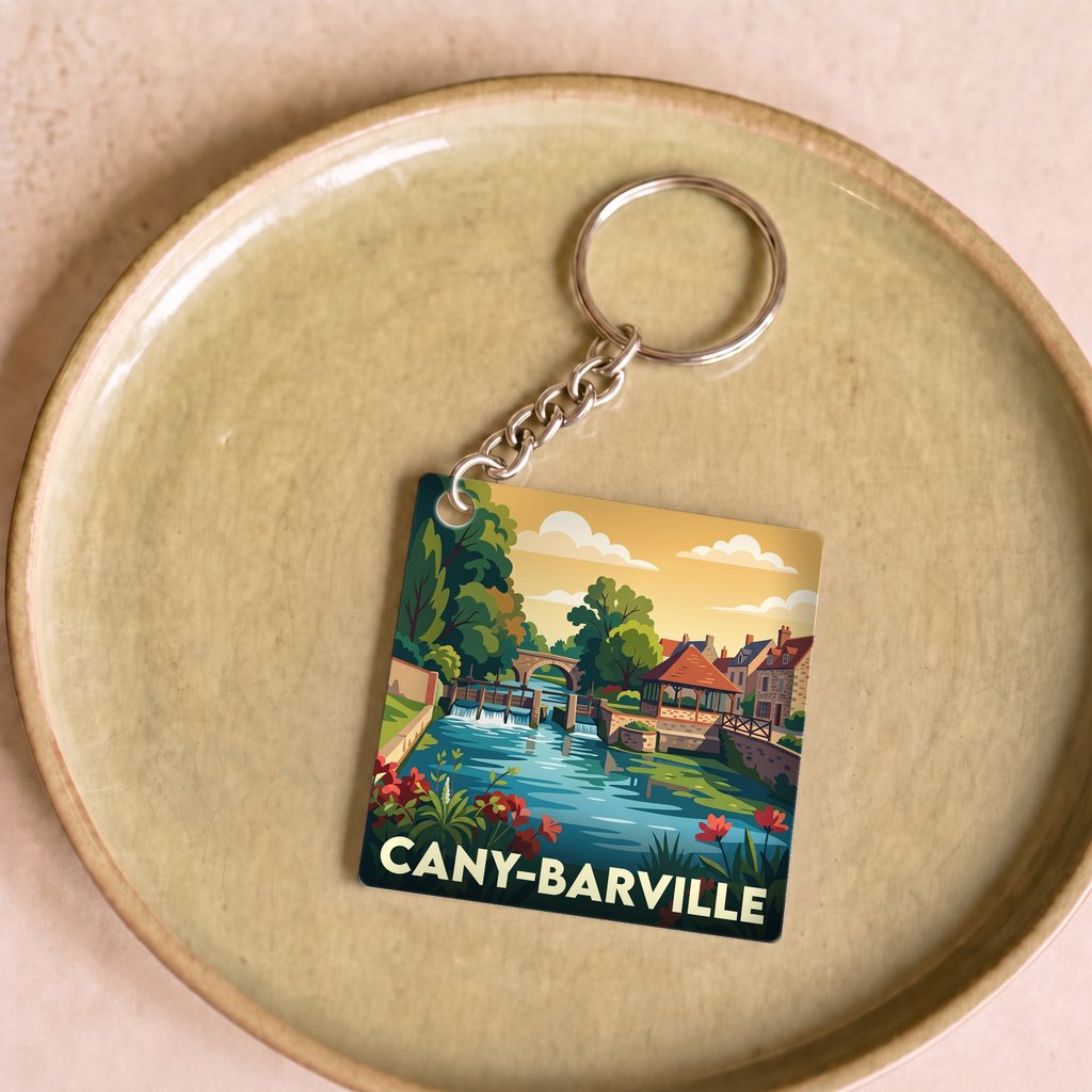 Porte-clés souvenir de la ville de Cany-Barville avec une illustration stylisée.
