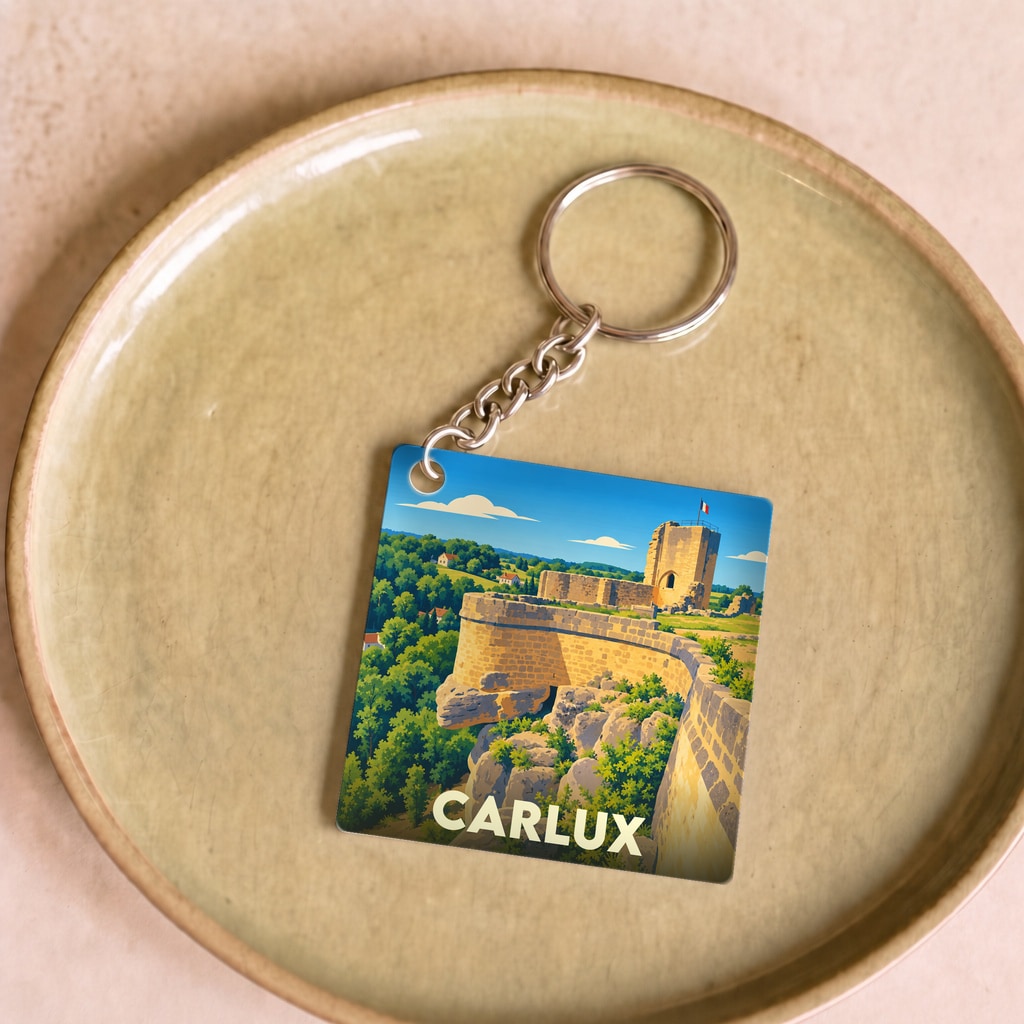Porte-clés souvenir de la ville de Carlux avec une illustration stylisée de son château médiéval.