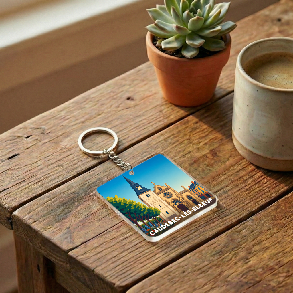 Porte-clés souvenir de la ville de Caudebec-lès-Elbeuf avec une illustration stylisée.
