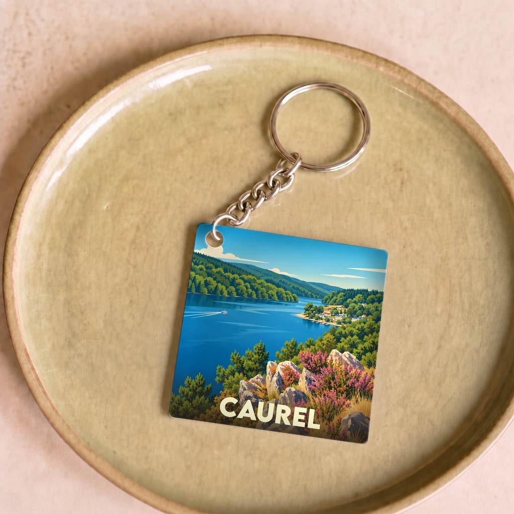 Porte-clés souvenir de la ville de Caurel avec une illustration stylisée du lac de Guerlédan.
