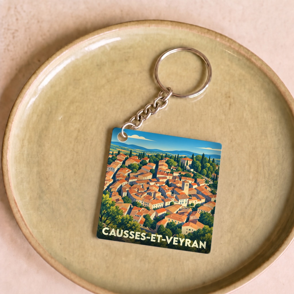 Porte-clés souvenir de la ville de Causses-et-Veyran avec une illustration stylisée.
