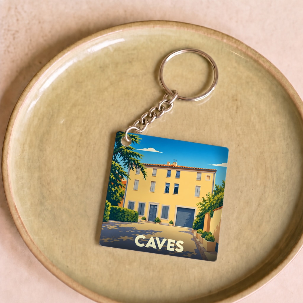 Porte-clés souvenir de la ville de Caves avec une illustration stylisée d'une maison ensoleillée.