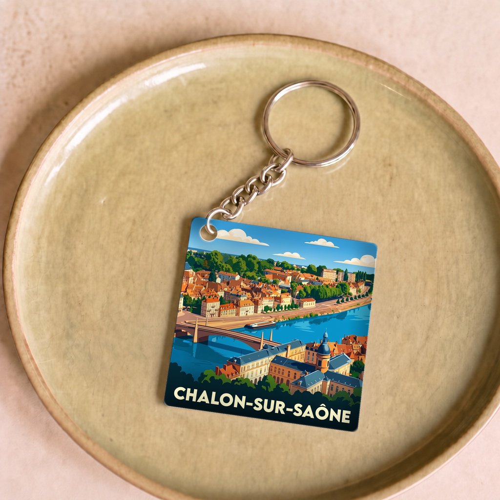 Porte-clés souvenir de la ville de Chalon-sur-Saône avec une illustration stylisée.