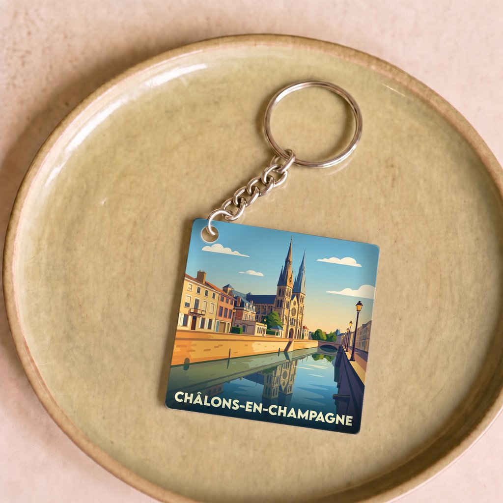 Porte-clés souvenir de la ville de Châlons-en-Champagne avec une illustration stylisée.