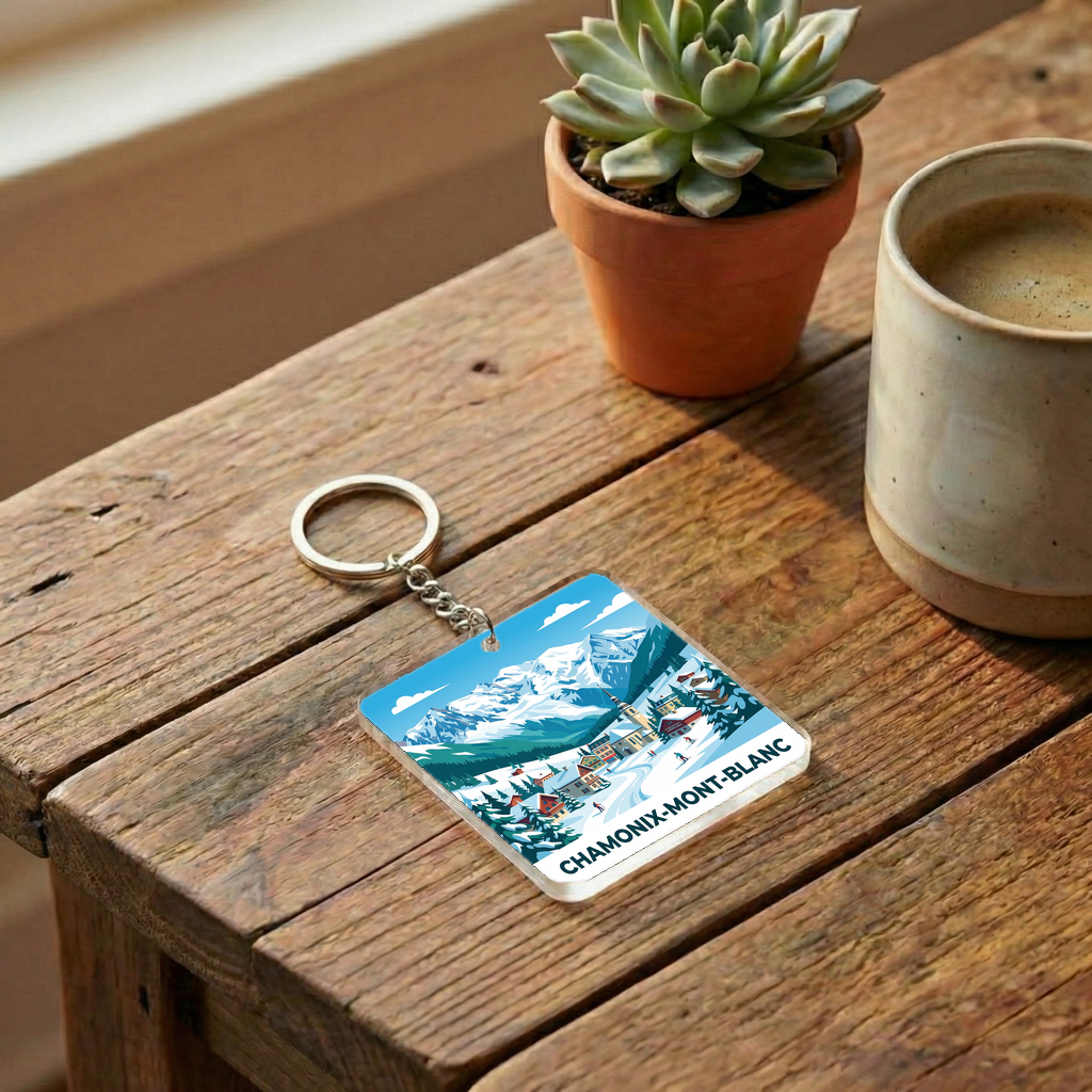 Porte-clés souvenir de la ville de Chamonix-Mont-Blanc avec une illustration stylisée de montagne.
