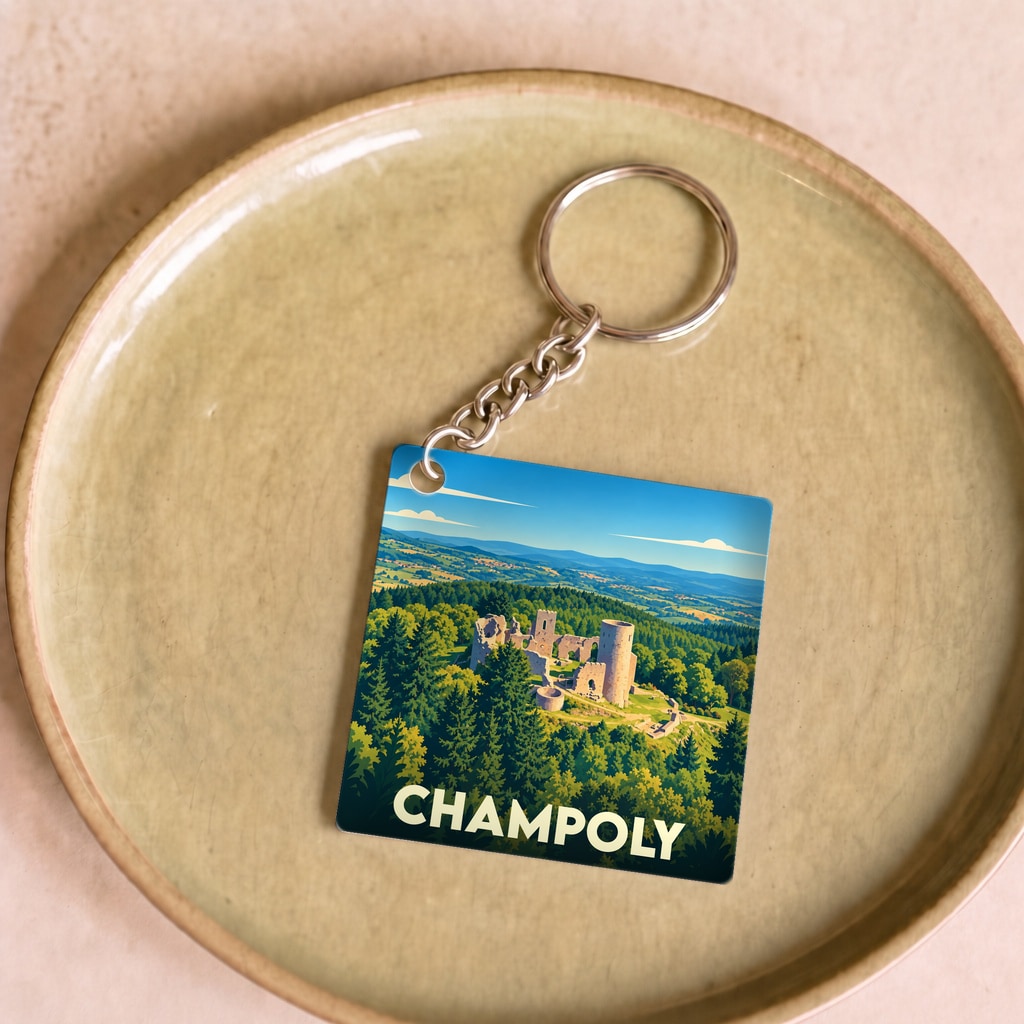 Porte-clés souvenir de la ville de Champoly avec une illustration stylisée de son château médiéval.