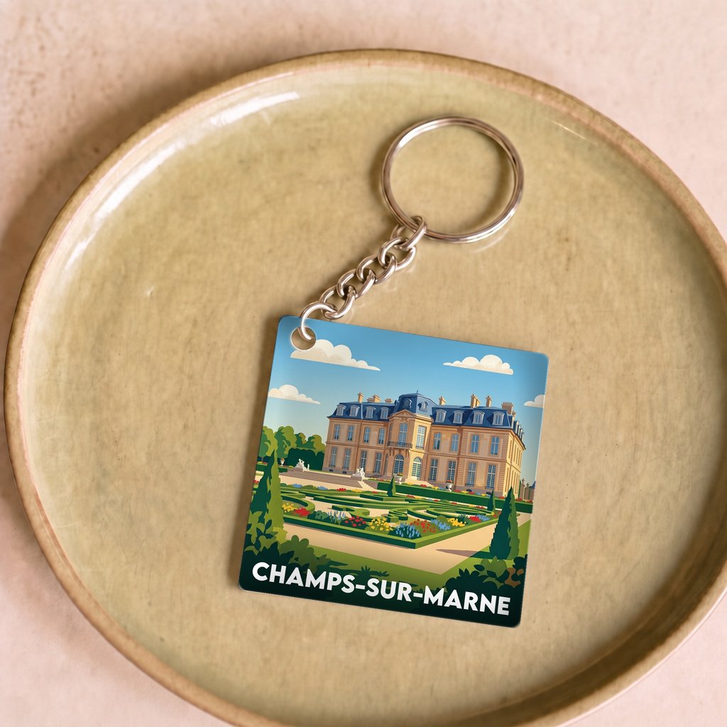Porte-clés souvenir de la ville de Champs-sur-Marne avec une illustration stylisée de son château.