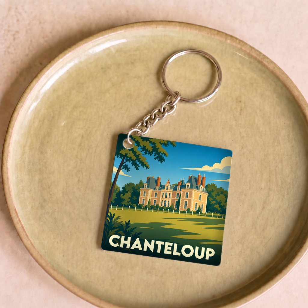 Porte-clés souvenir de la ville de Chanteloup avec une illustration stylisée de son château.