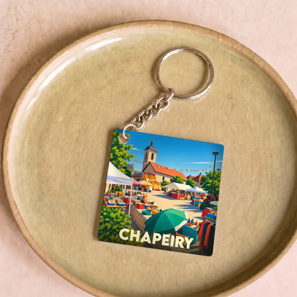 Porte-clés souvenir de la ville de Chapeiry illustrant un marché de village coloré.