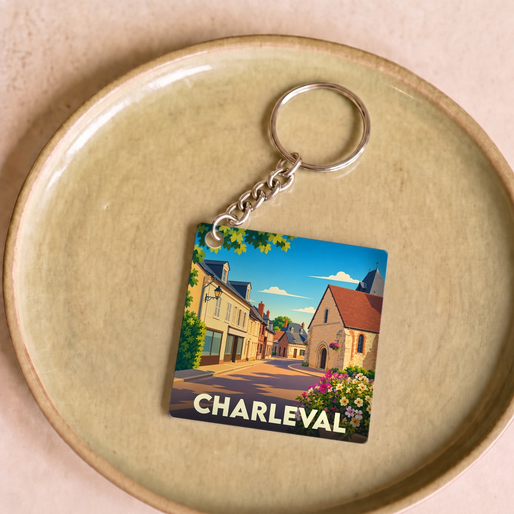 Porte-clés souvenir de la ville de Charleval avec une illustration stylisée et colorée de ses rues.