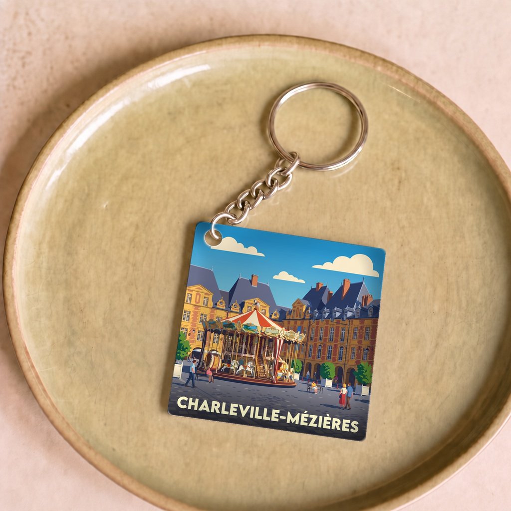 Porte-clés souvenir de la ville de Charleville-Mézières avec une illustration stylisée.