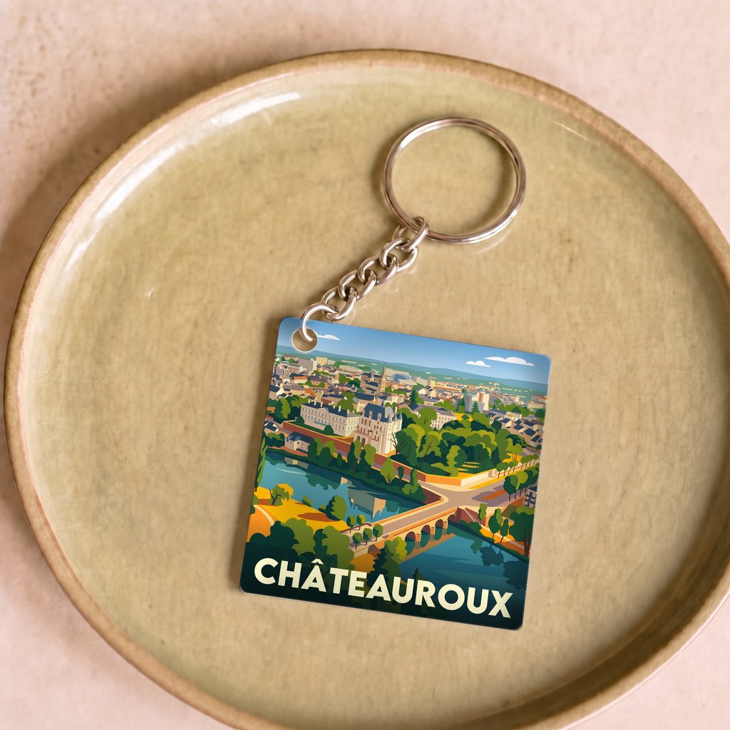 Porte-clés souvenir de la ville de Châteauroux avec une illustration stylisée.