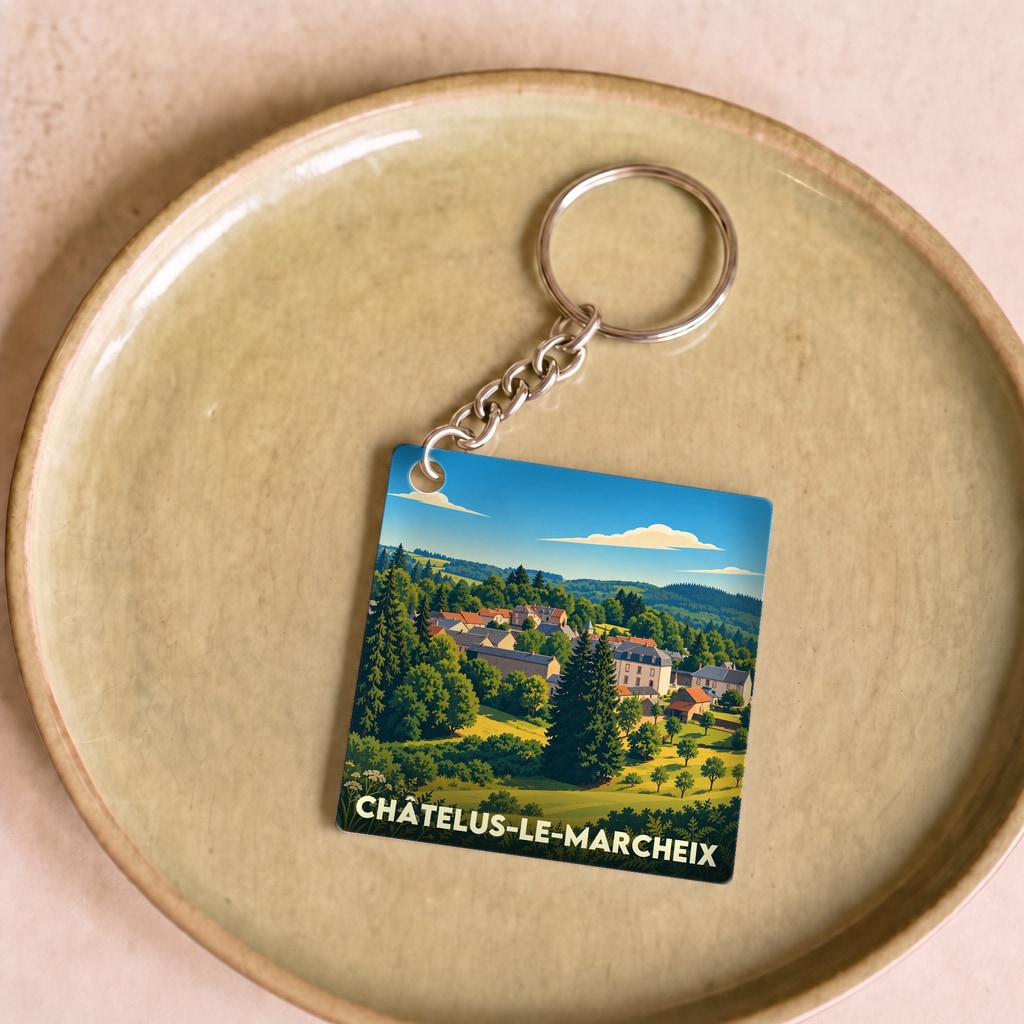 Porte-clés souvenir de Châtelus-le-Marcheix arborant une illustration paysagère stylisée du village.
