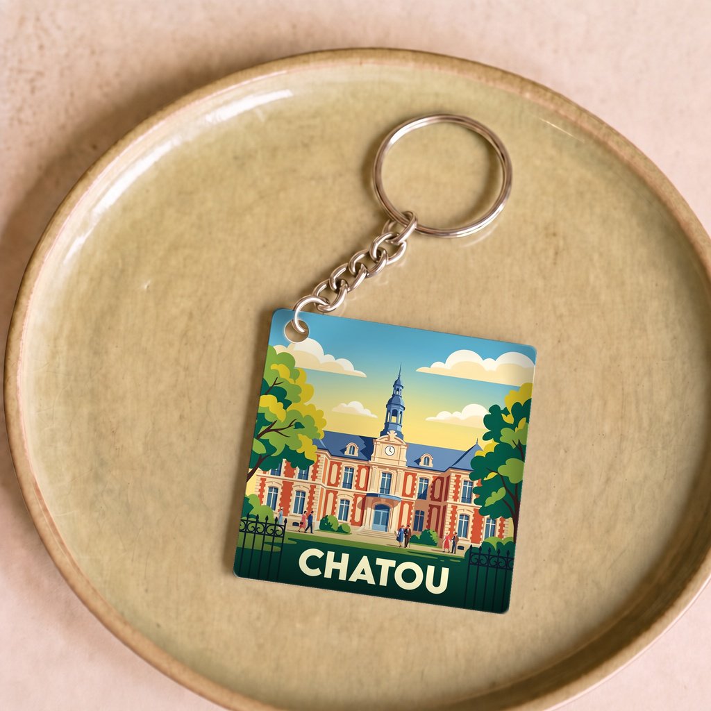 Porte-clés souvenir de la ville de Chatou avec une illustration stylisée d'un bâtiment historique.