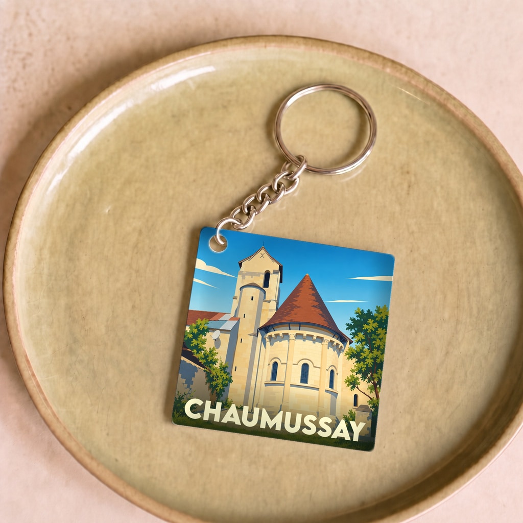 Porte-clés souvenir de la ville de Chaumussay avec une illustration stylisée de son église.