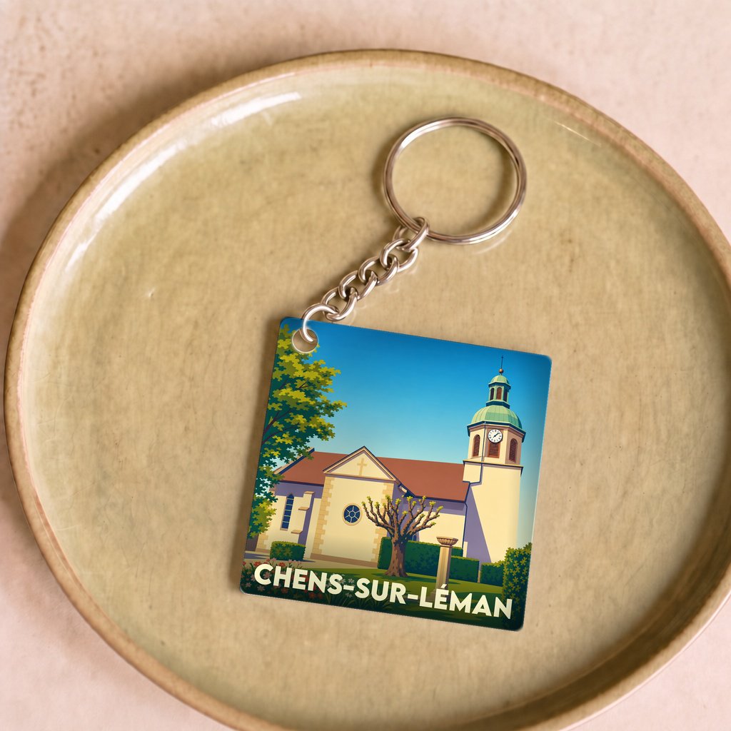 Porte-clés souvenir de la ville de Chens-sur-Léman avec une illustration stylisée de son église.
