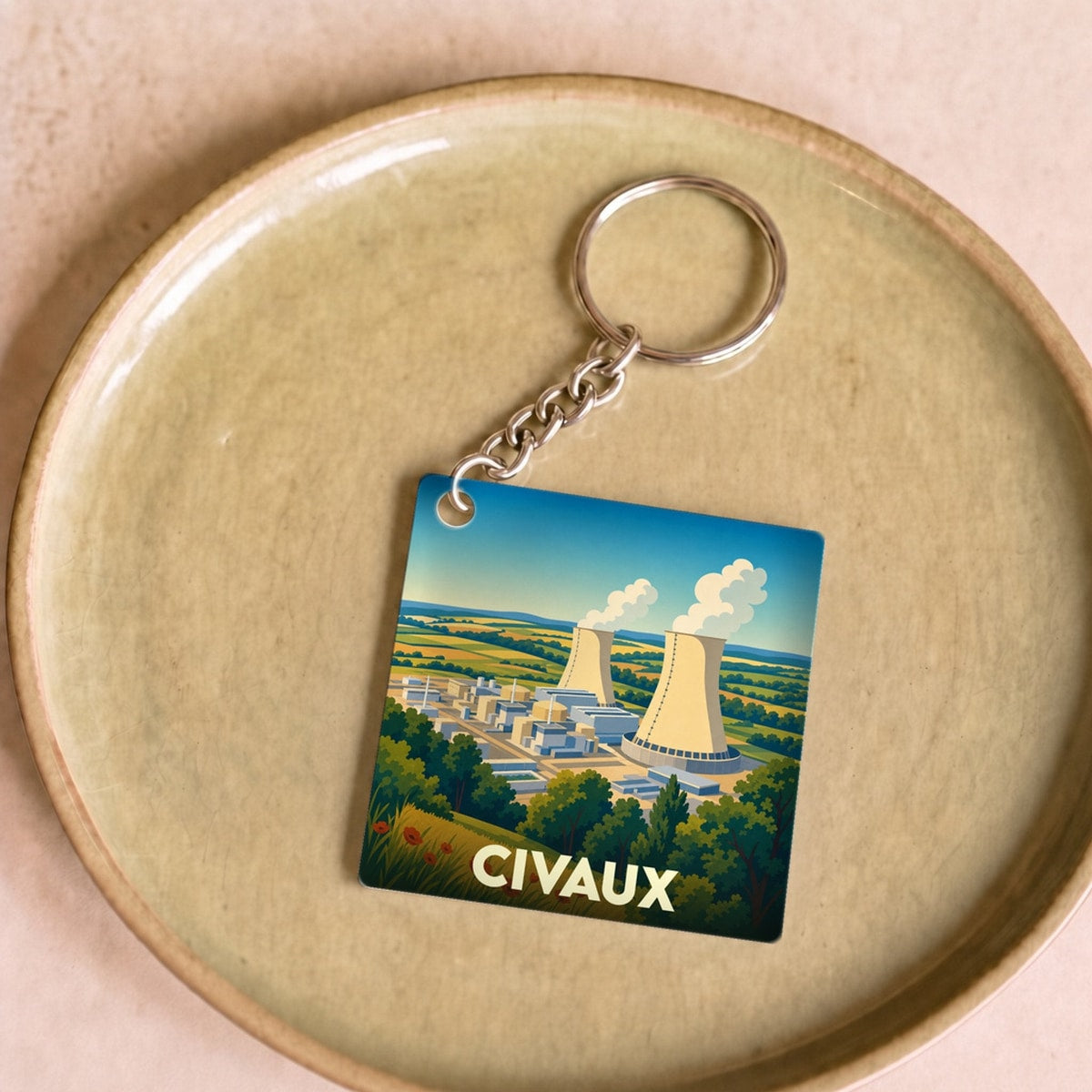 Porte-clés souvenir de la ville de Civaux avec une illustration stylisée de sa centrale nucléaire.