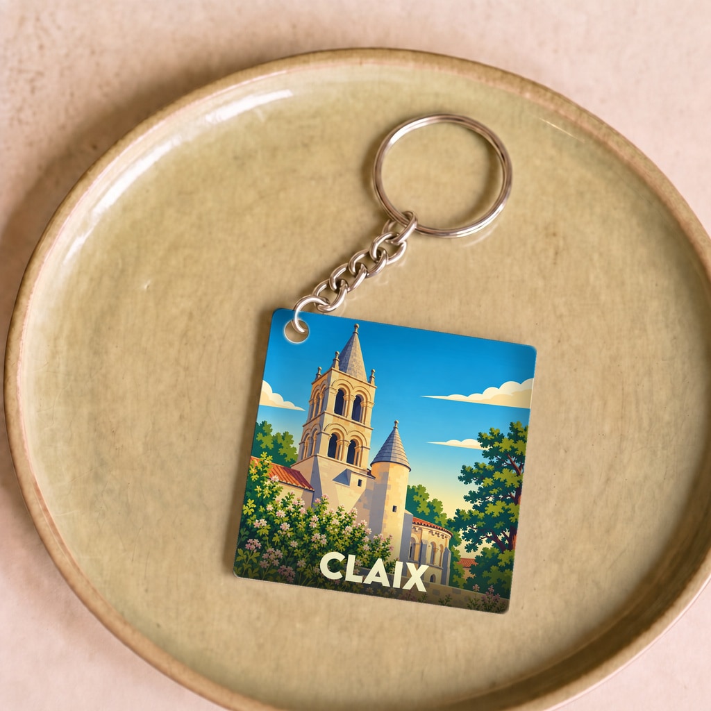 Porte-clés souvenir de la ville de Claix avec une illustration stylisée de son église romane.