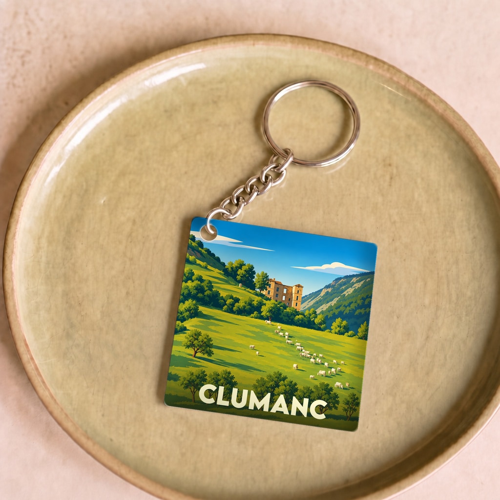 Porte-clés souvenir de la ville de Clumanc avec une illustration stylisée de paysages vallonnés.