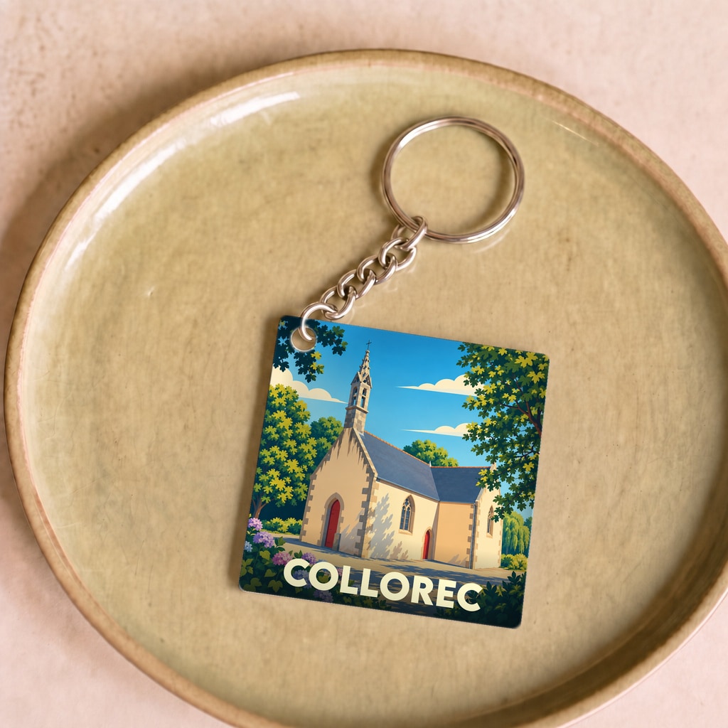 Porte-clés souvenir de la ville de Collorec avec une illustration stylisée de son église.