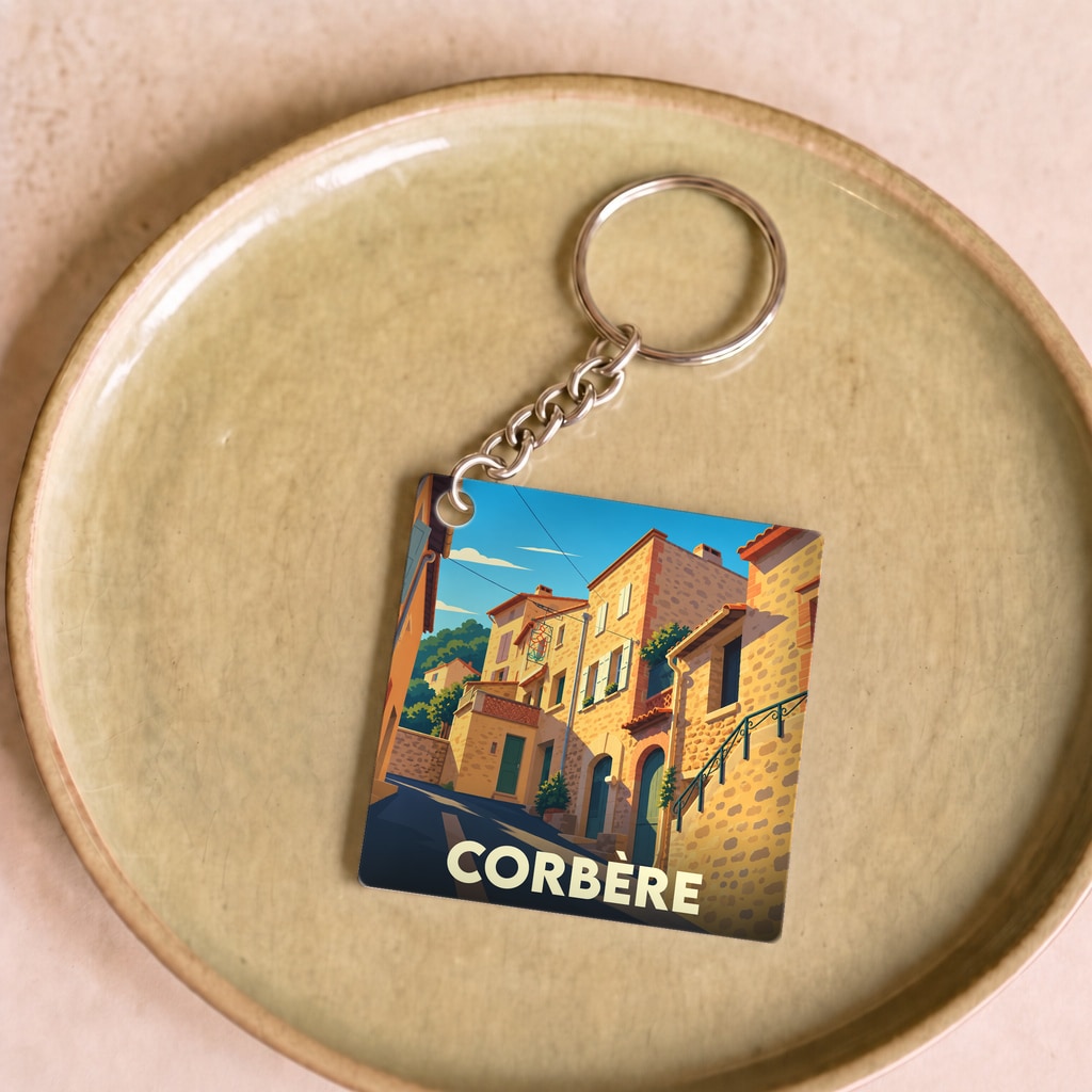 Porte-clés souvenir de la ville de Corbère avec une illustration stylisée d'une rue pittoresque.