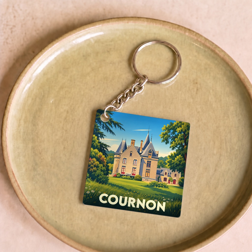 Porte-clés souvenir de la ville de Cournon avec une illustration stylisée d'un château.