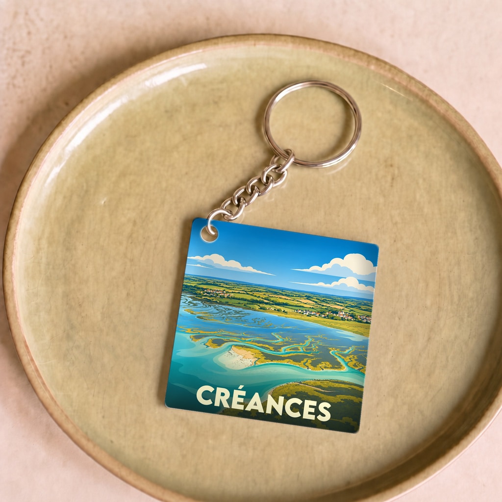 Porte-clés souvenir de la ville de Créances avec une illustration stylisée d'un paysage côtier vu du ciel.