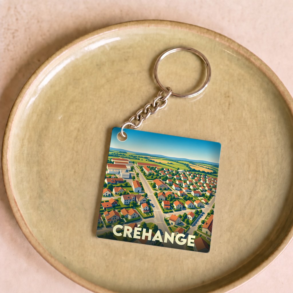 Porte-clés souvenir de la ville de Créhange avec une illustration aérienne colorée.