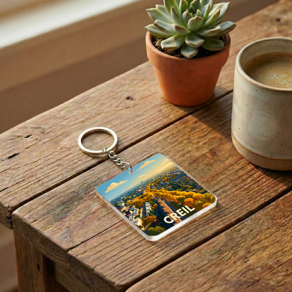 Porte-clés souvenir de la ville de Creil avec une illustration stylisée d'un paysage urbain.