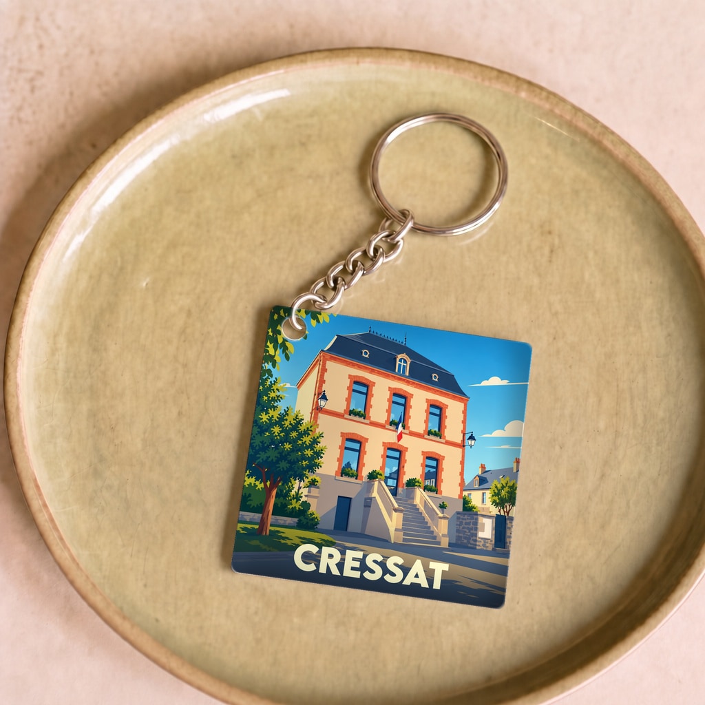 Porte-clés souvenir de la ville de Cressat avec une illustration stylisée de sa mairie.