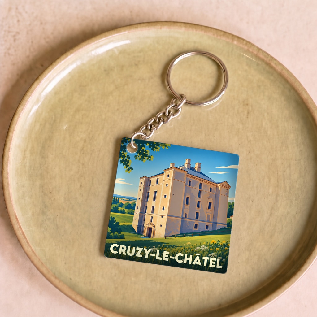 Porte-clés souvenir de la ville de Cruzy-le-Châtel avec une illustration stylisée de son château.