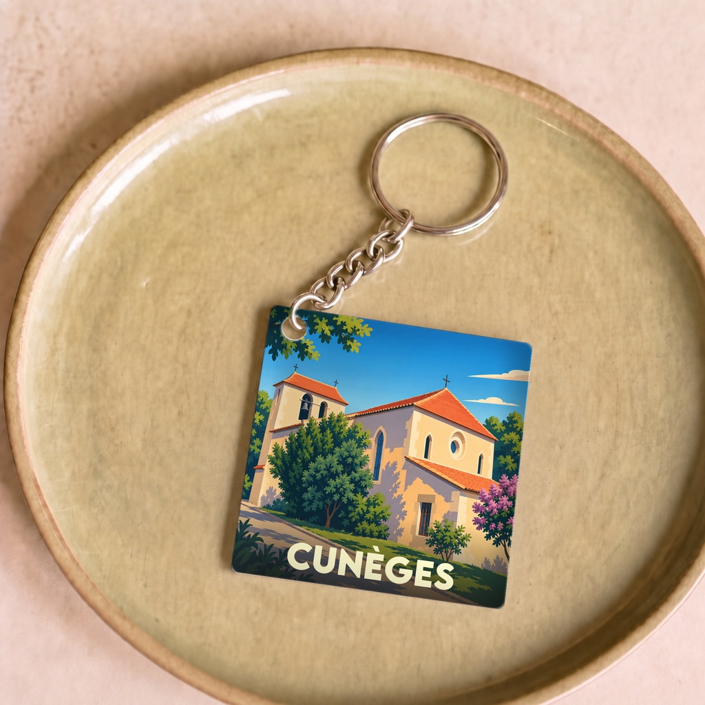 Porte-clés souvenir de la ville de Cunèges illustré par une vue stylisée de son église sous un ciel bleu.