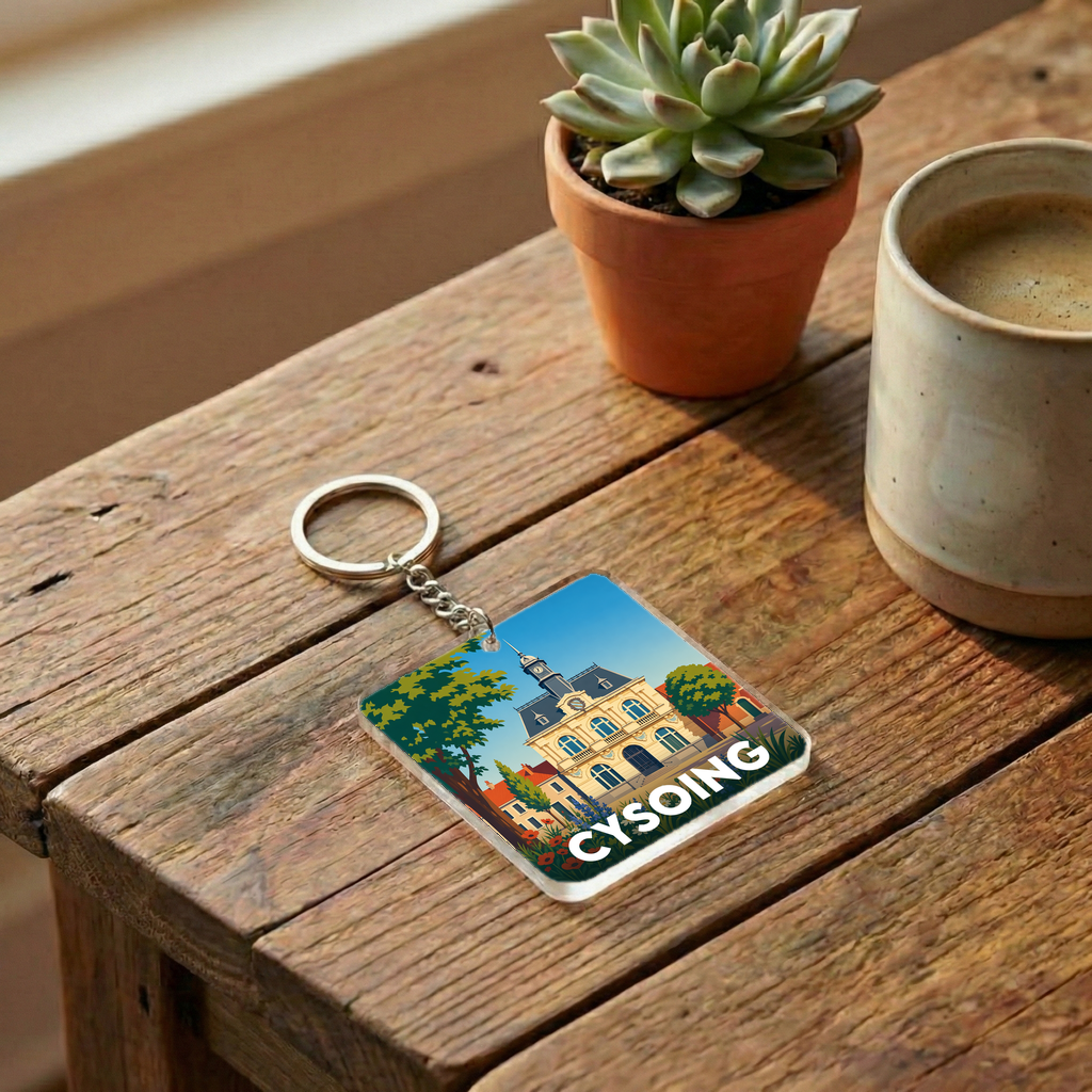 Porte-clés souvenir de la ville de Cysoing avec une illustration stylisée.