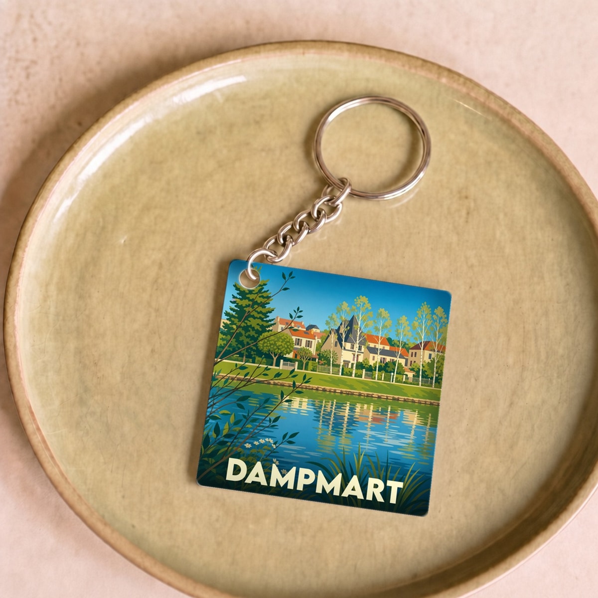 Porte-clés souvenir de la ville de Dampmart avec une illustration stylisée des bords de Marne.