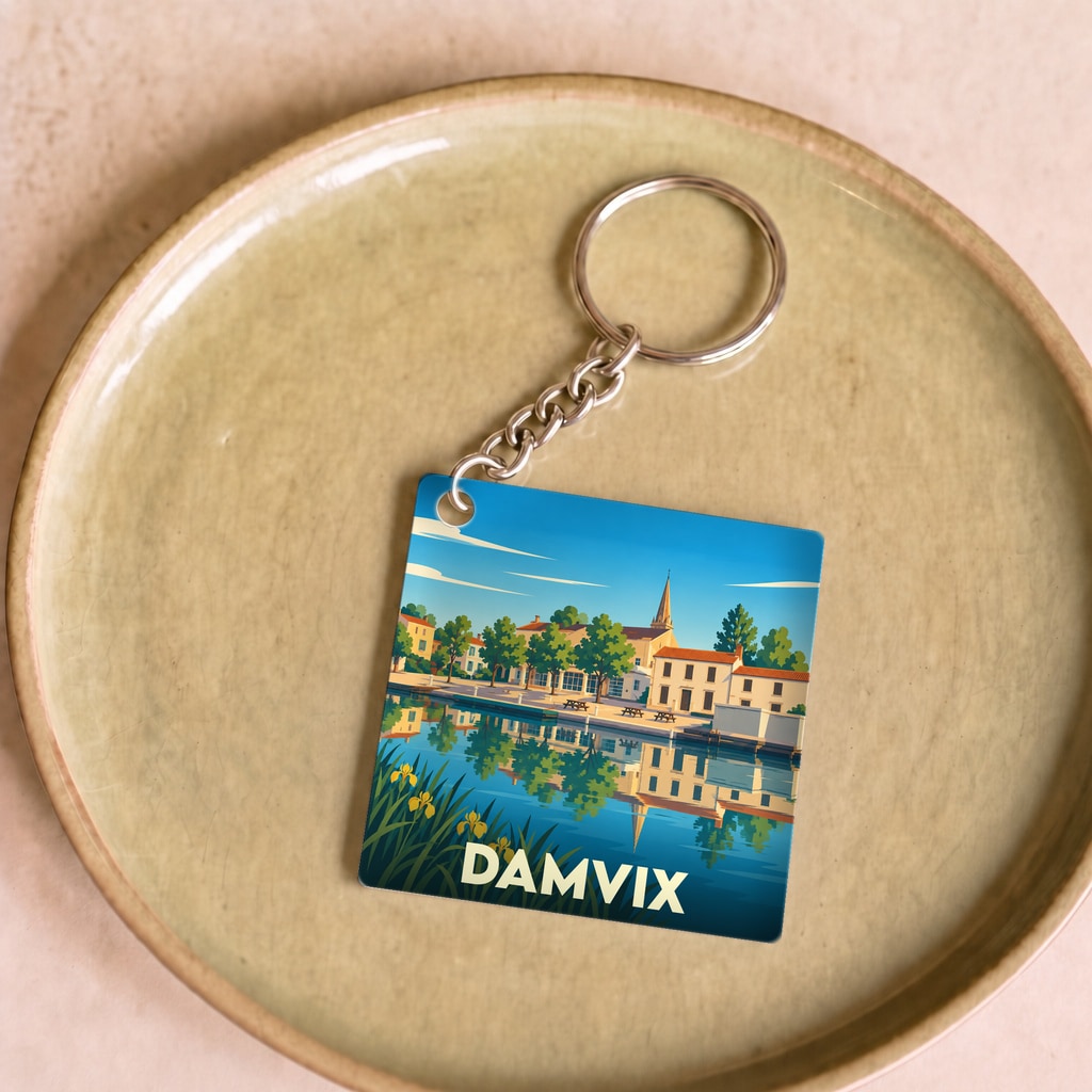 Porte-clés souvenir de la ville de Damvix avec une illustration stylisée d'un paysage de bord de l'eau.