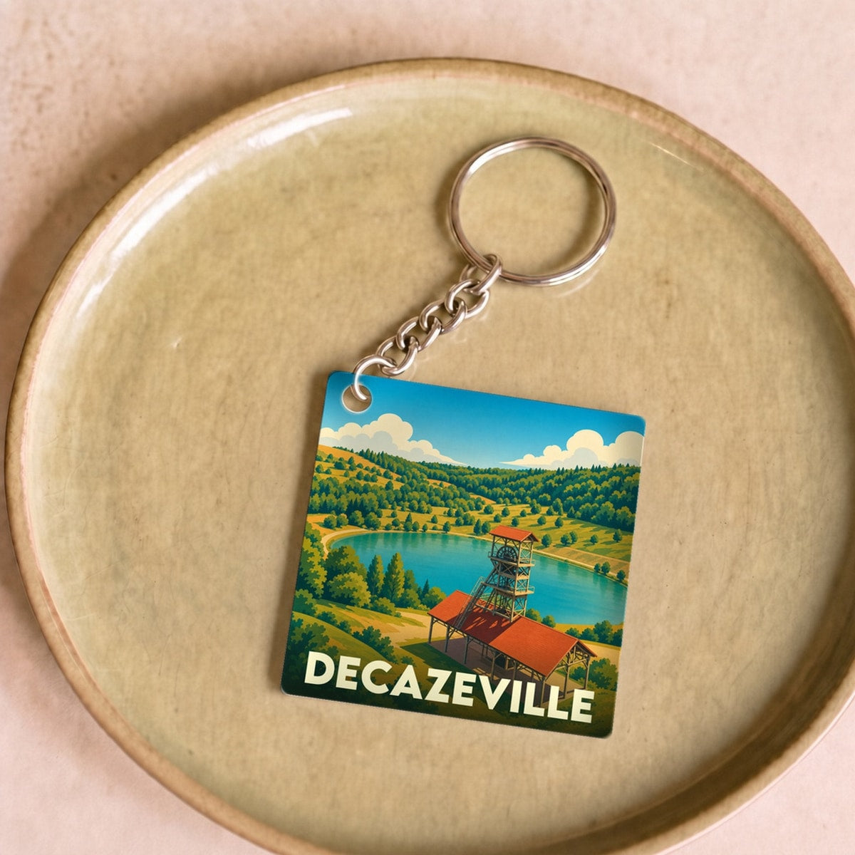 Porte-clés souvenir de la ville de Decazeville avec une illustration stylisée d'un chevalement de mine au bord de l'eau.