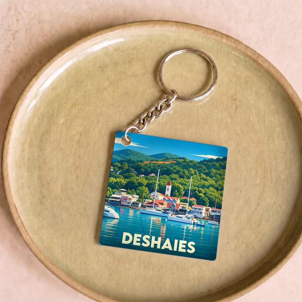 Porte-clés souvenir de la ville de Deshaies illustrant son port et ses collines verdoyantes.