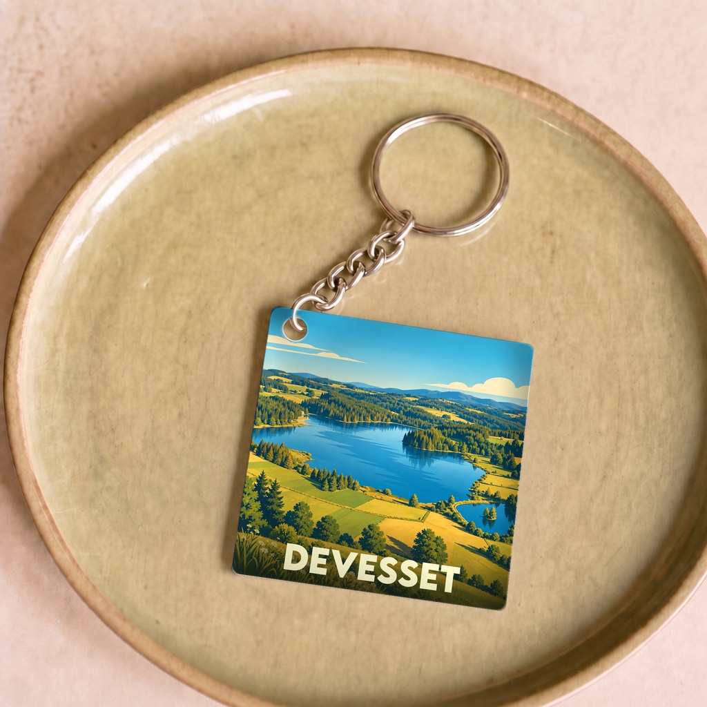 Porte-clés souvenir de la ville de Devesset avec une illustration stylisée de son lac et de ses paysages.