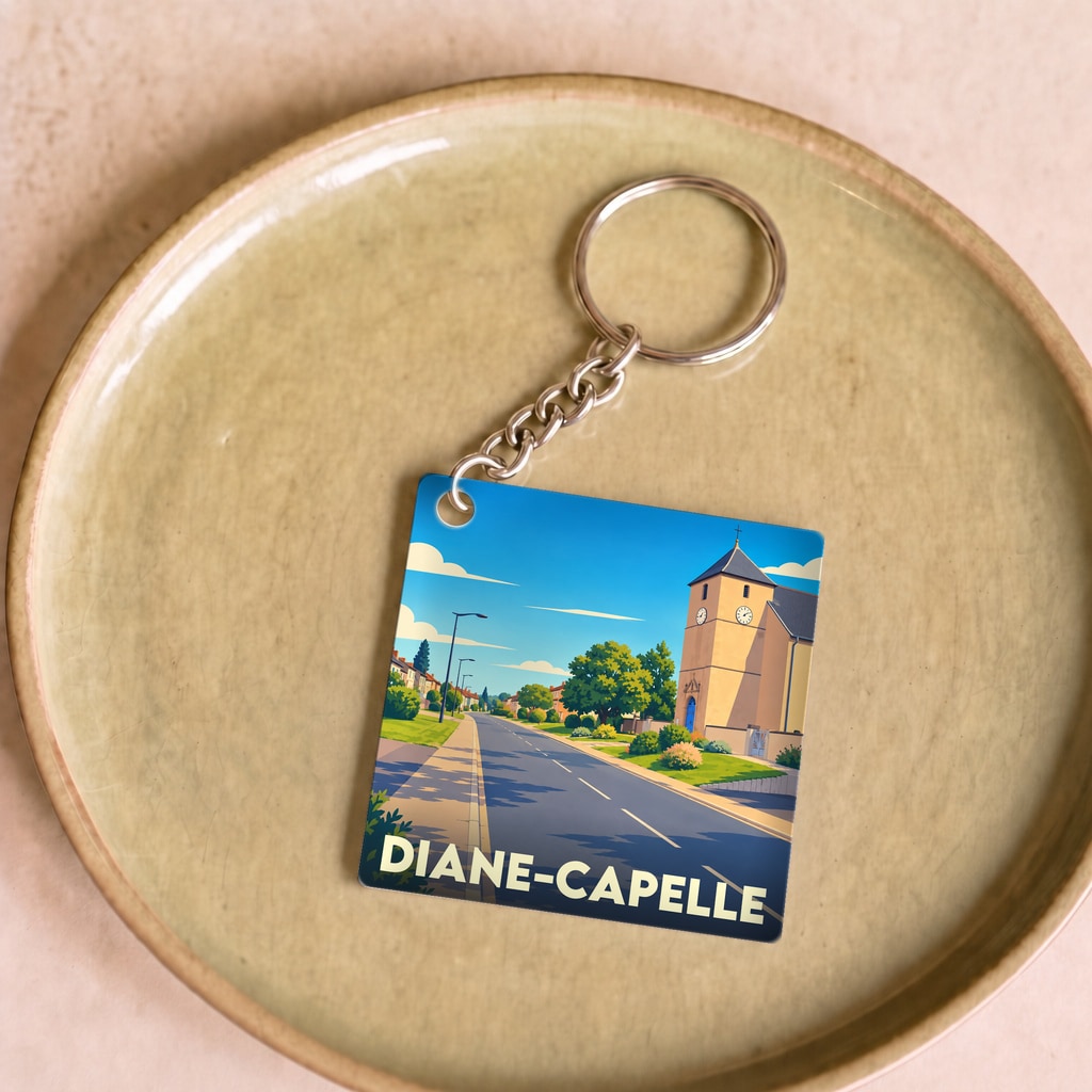 Porte-clés souvenir de la ville de Diane-Capelle avec une illustration stylisée.