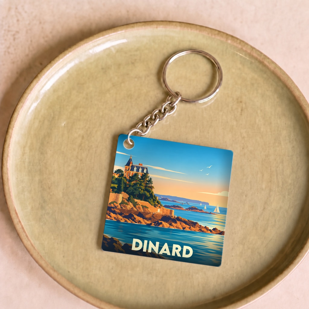 Porte-clés souvenir de la ville de Dinard avec une illustration stylisée de son bord de mer.