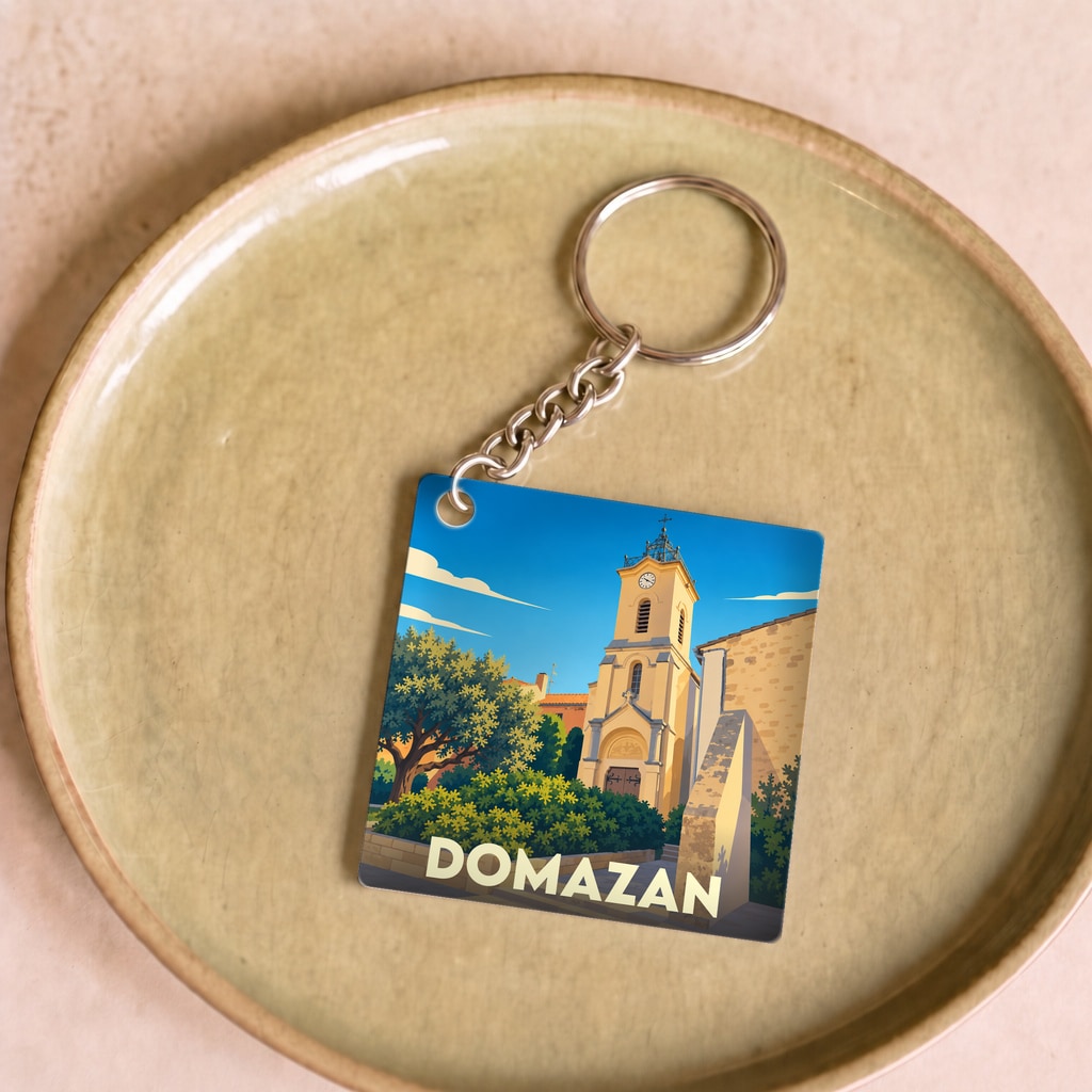 Porte-clés souvenir de la ville de Domazan avec une illustration stylisée de son église sous un ciel bleu.