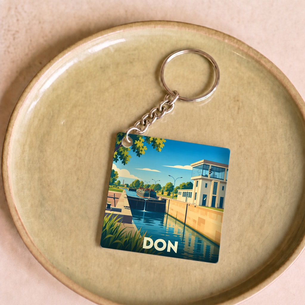 Porte-clés souvenir de la ville de Don avec une illustration stylisée d'un canal et d'une écluse.