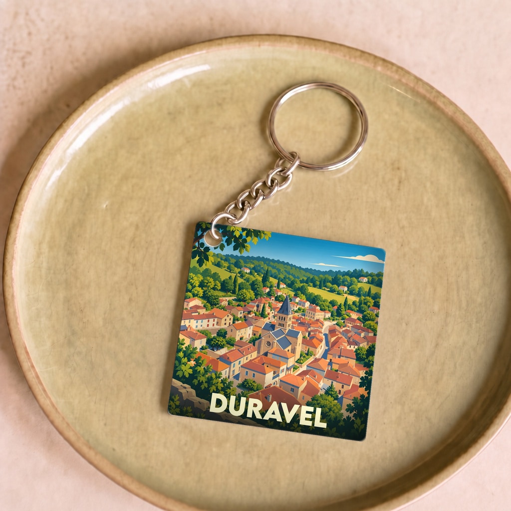 Porte-clés souvenir de la ville de Duravel avec une illustration stylisée de son village.