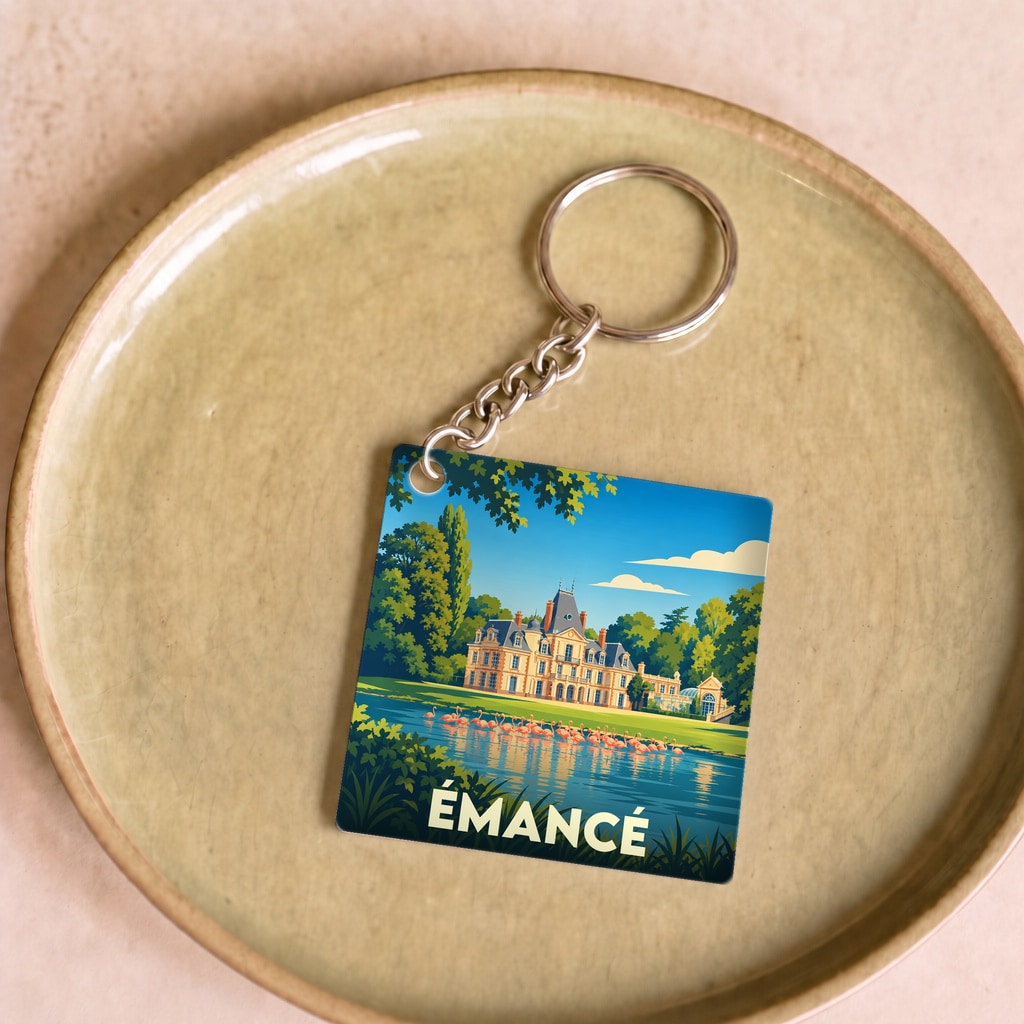 Porte-clés souvenir de la ville de Émancé avec une illustration stylisée d'un château.
