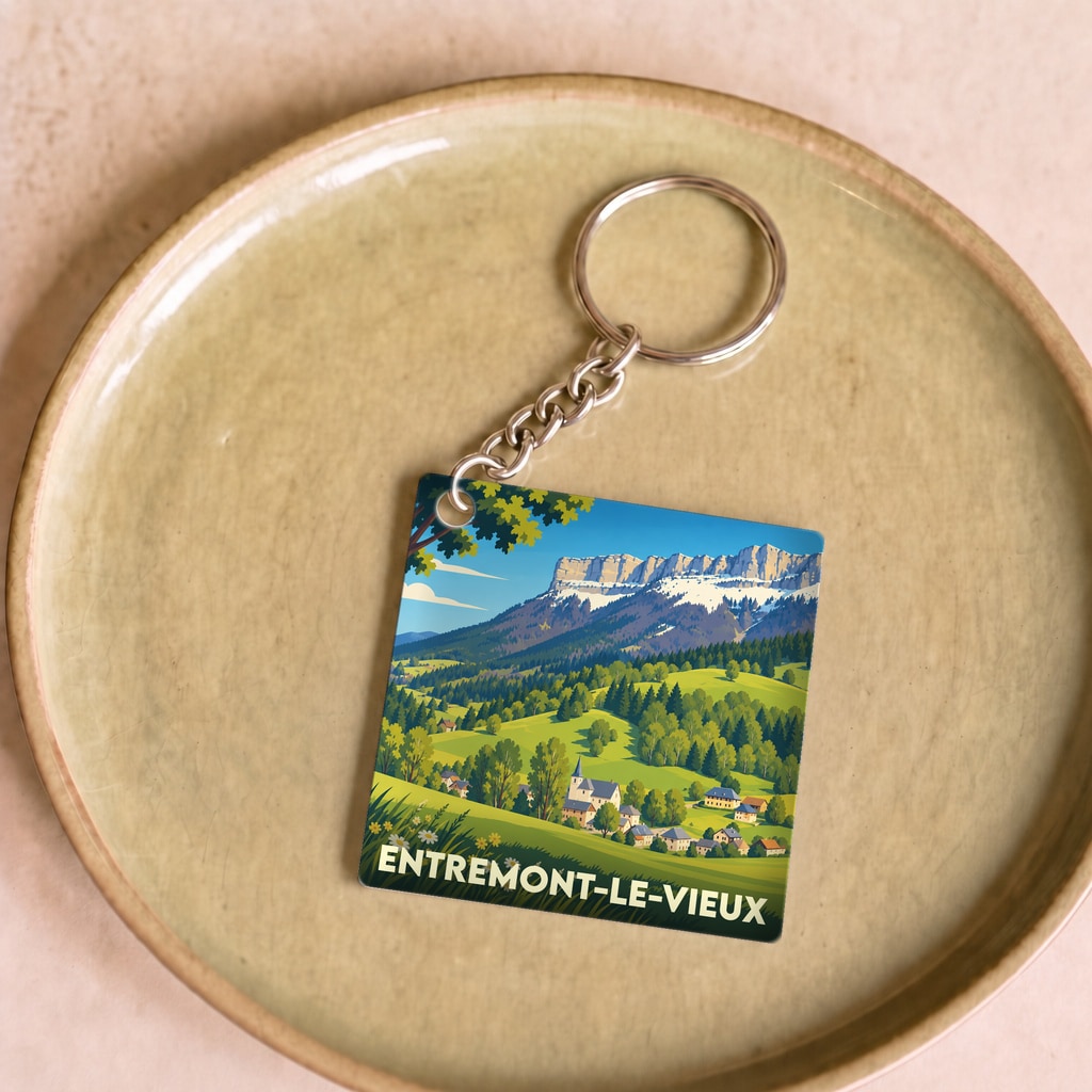 Porte-clés souvenir de la commune d’Entremont-le-Vieux illustrant un paysage de montagne pittoresque.