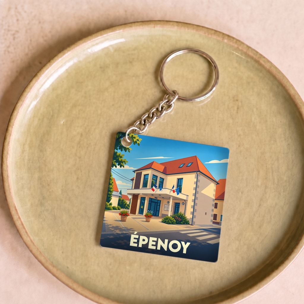 Porte-clés souvenir de la ville de Épenoy avec une illustration stylisée de sa mairie.