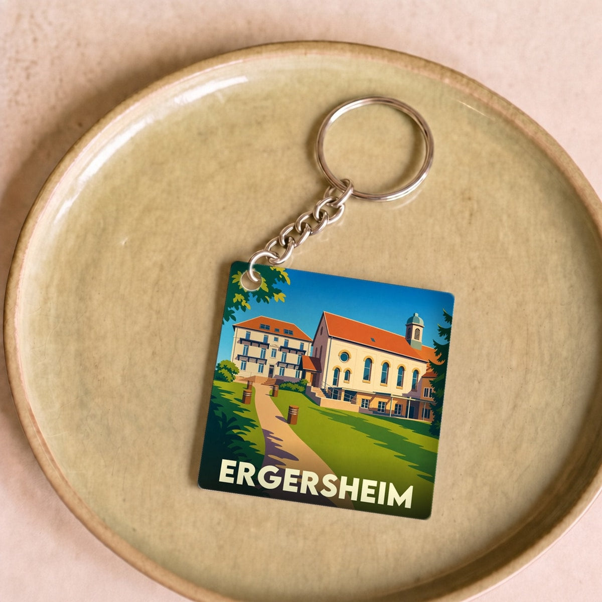 Porte-clés souvenir de la ville de Ergersheim avec une illustration stylisée.