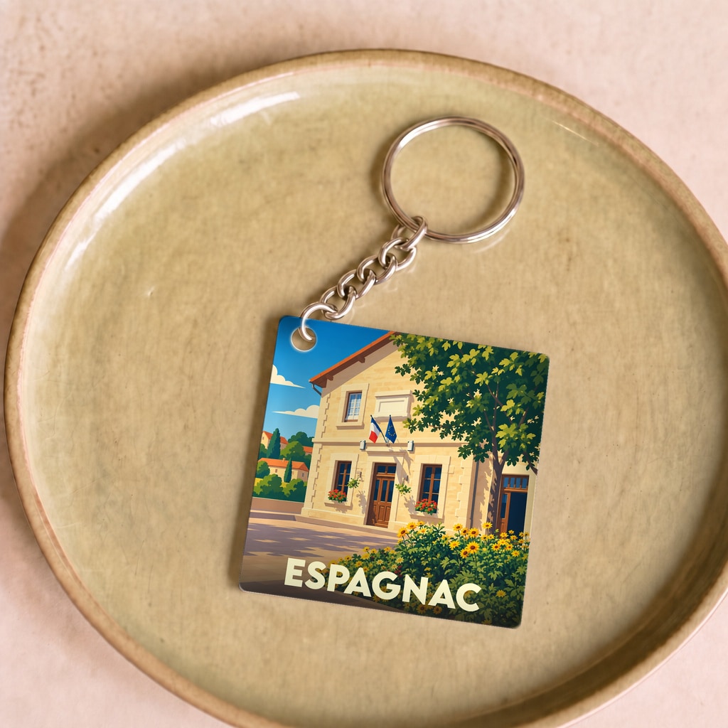 Porte-clés souvenir de la ville d'Espagnac avec une illustration stylisée d'un bâtiment typique.