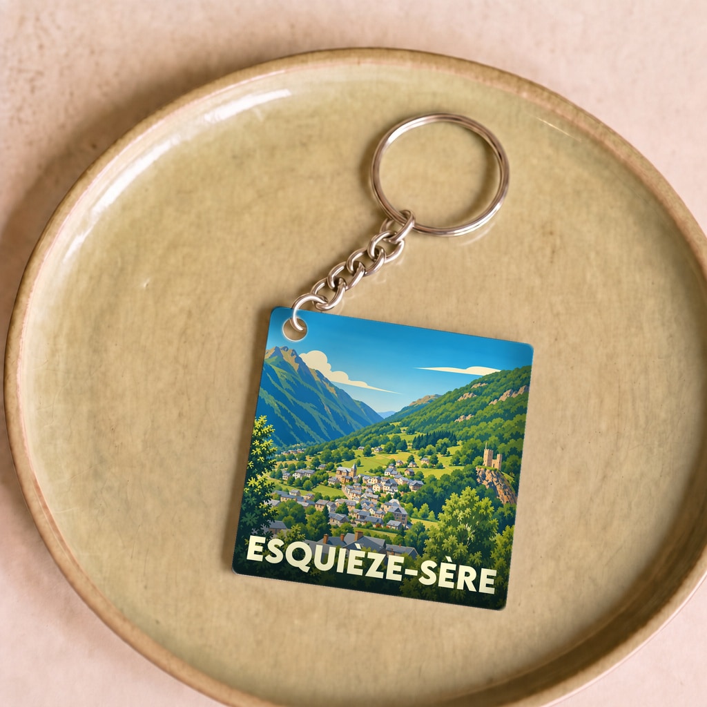 Porte-clés souvenir de la ville d'Esquièze-Sère avec une illustration stylisée d'un paysage de montagne.