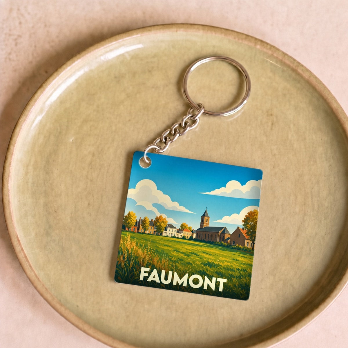 Porte-clés souvenir de la ville de Faumont avec une illustration paysagère stylisée.